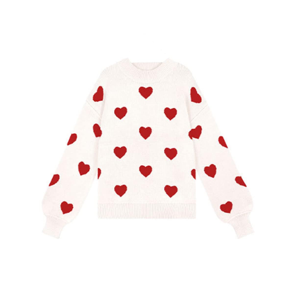 Women's Casual Sweater With Heart Pattern Print Round Neck Fashion Pullover Cute